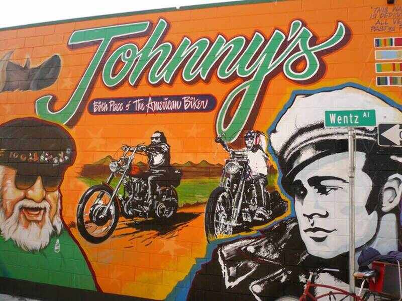 A mural of bikers at at Johnny’s Bar & Grill in Hollister.