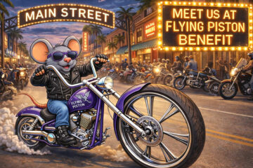 Put the mouse and bike riding down Main Street during Bike Week. Add the sign, MEET US AT FLYING PISTON BENEFIT in lights.